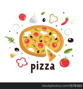 Tasty pizza with delicious ingredients. Colorful vector illustration.. Tasty pizza with delicious ingredients. Colorful vector illustration