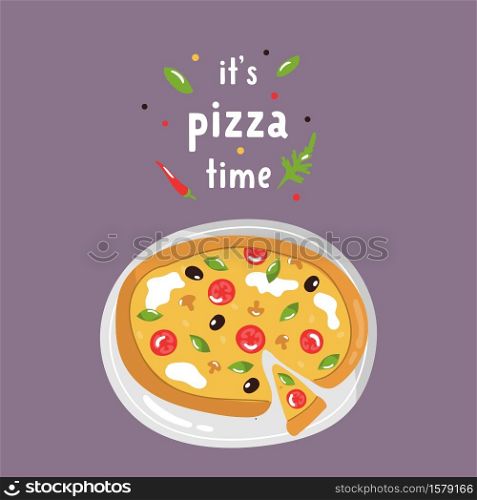 Tasty pizza with delicious ingredients. Colorful vector illustration. Tasty pizza with delicious ingredients. Colorful vector illustration.