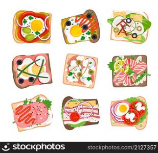 Tasty sandwich set. Cartoon burgers with fresh tomato and onions, toasted ham and cheese, grilled eggs and bacon, vector illustration of hamburgers isolated on white background. Tasty sandwich set