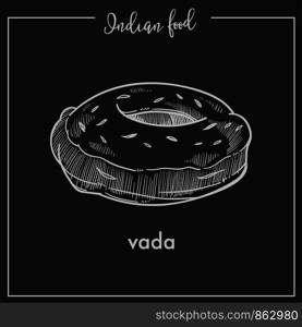 Tasty soft round vada from traditional Indian food. Savoury fried snack in form of donut. Delicious crispy bakery product isolated cartoon flat monochrome vector illustration on black background.. Tasty soft round vada from traditional Indian food