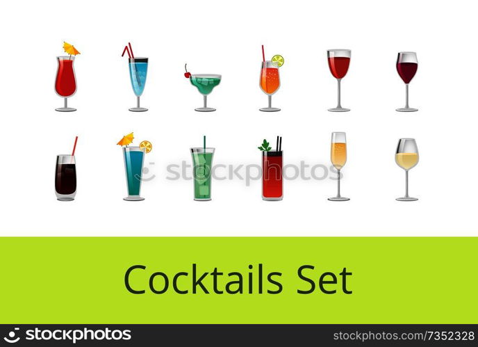 Tasty summer cocktails and alcohol beverages set. Exquisite wine, sweet drinks with straws or small umbrella in glasses isolated vector illustrations.. Tasty Summer Cocktails and Alcohol Beverages Set