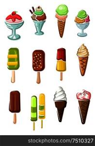 Tasty sweet ice cream cones with colorful scoops, chocolate ice cream on sticks with nuts, sundae desserts with fresh strawberry fruits and fruity popsicles. Dessert menu, cafe or food design. Ice cream cones, sundae desserts and popsicles