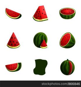 Tasty watermelon icon set. Cartoon set of 9 tasty watermelon vector icons for web design isolated on white background. Tasty watermelon icon set, cartoon style