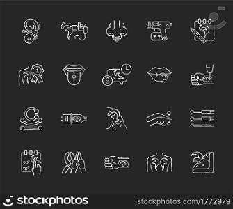 Tattoo and piercing chalk white icons set on dark background. Creating pictures on human skin. Valuable jewellery in body. Professional tools. Isolated vector chalkboard illustrations on black. Tattoo and piercing chalk white icons set on dark background