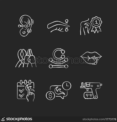 Tattoo and piercing creation chalk white icons set on dark background. Salon for creating unique body look. Special instruments for professionals. Isolated vector chalkboard illustrations on black. Tattoo and piercing creation chalk white icons set on dark background