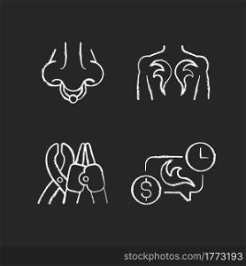 Tattoo and piercing equipment chalk white icons set on dark background. Tools for tattoo salons. Types of piercing jewellery. Visiting master. Isolated vector chalkboard illustrations on black. Tattoo and piercing equipment chalk white icons set on dark background