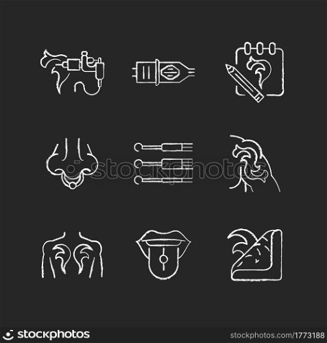 Tattoo and piercing instruments chalk white icons set on dark background. Creating art works on human body. Injecting jewellery. Professional tool. Isolated vector chalkboard illustrations on black. Tattoo and piercing instruments chalk white icons set on dark background