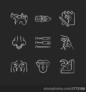 Tattoo and piercing instruments chalk white icons set on dark background. Creating art works on human body. Injecting jewellery. Professional tool. Isolated vector chalkboard illustrations on black. Tattoo and piercing instruments chalk white icons set on dark background