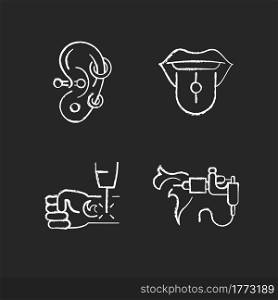 Tattoo and piercing masters chalk white icons set on dark background. Place to put jewellery into skin. Removing ink from body. Professional tool. Isolated vector chalkboard illustrations on black. Tattoo and piercing masters chalk white icons set on dark background