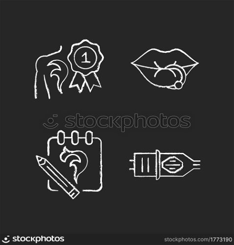 Tattoo and piercing salon chalk white icons set on dark background. Professional equipment. Winning tattoo competition. Creating beautiful sketches. Isolated vector chalkboard illustrations on black. Tattoo and piercing salon chalk white icons set on dark background