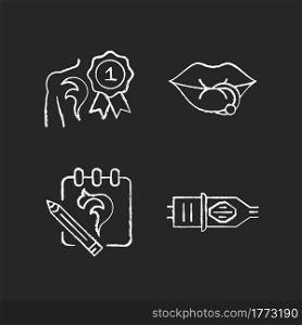 Tattoo and piercing salon chalk white icons set on dark background. Professional equipment. Winning tattoo competition. Creating beautiful sketches. Isolated vector chalkboard illustrations on black. Tattoo and piercing salon chalk white icons set on dark background