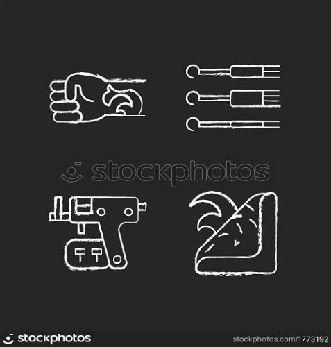 Tattoo and piercing tools chalk white icons set on dark background. Needles for injecting ink into skin. Gun to make holes in skin for jewellery. Isolated vector chalkboard illustrations on black. Tattoo and piercing tools chalk white icons set on dark background