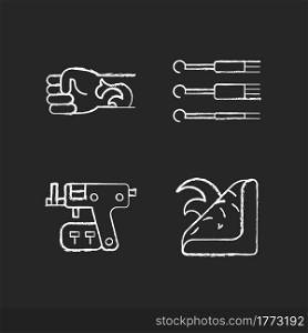 Tattoo and piercing tools chalk white icons set on dark background. Needles for injecting ink into skin. Gun to make holes in skin for jewellery. Isolated vector chalkboard illustrations on black. Tattoo and piercing tools chalk white icons set on dark background