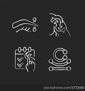 Tattoo and piercing types chalk white icons set on dark background. Place on body where jewellery is injected. Metal skin accessories with gems. Isolated vector chalkboard illustrations on black. Tattoo and piercing types chalk white icons set on dark background