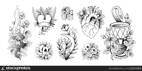 Tattoo art. Old school retro body prints design with cartoon knife and roses. Isolated anchor or cross tattooing. Playing cards and gambling dice. Vector classic black traditional ink drawings set. Tattoo art. Old school retro body prints design with knife and roses. Isolated anchor or cross tattooing. Playing cards and gambling dice. Vector black traditional ink drawings set