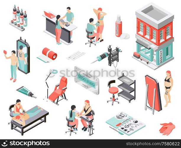 Tattoo body art studio isometric icons with building workstation equipment ink mirror client reception recolor vector illustration