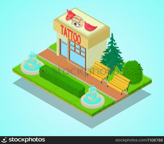 Tattoo centre concept banner. Isometric banner of tattoo centre vector concept for web, giftcard and postcard. Tattoo centre concept banner, isometric style