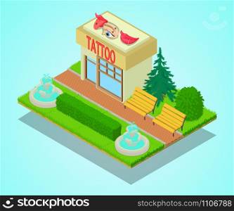 Tattoo centre concept banner. Isometric banner of tattoo centre vector concept for web, giftcard and postcard. Tattoo centre concept banner, isometric style