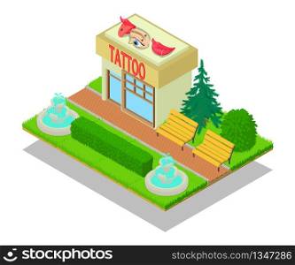 Tattoo centre concept banner. Isometric banner of tattoo centre vector concept for web, giftcard and postcard. Tattoo centre concept banner, isometric style