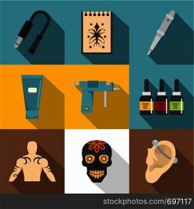 Tattoo equipment icons set. Flat set of 9 tattoo equipment vector icons for web with long shadow. Tattoo equipment icons set, flat style