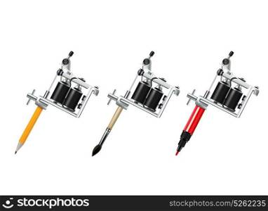 Tattoo Machine Drawing Set. Tattoo machine with pencil brush and marker drawing set isolated on white background realistic vector illustration