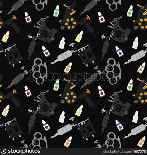 Tattoo machines and ink vector black seamless pattern.. Tattoo machines black seamless pattern