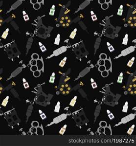 Tattoo machines and ink vector black seamless pattern.. Tattoo machines black seamless pattern