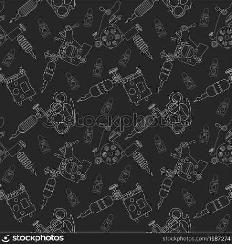 Tattoo machines and ink vector seamless pattern. Chalk on blackboard. Tattoo machines and ink pattern. Black
