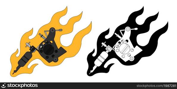 Tattoo machines in flame. Color, black and white. Vector clip art illustrations isolated on white. Classic tattoo machine in flame. Color and silhouette