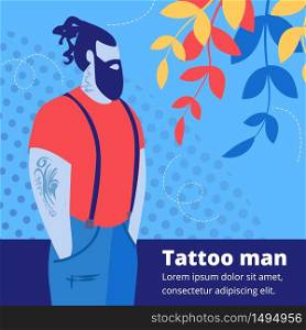 Tattoo Man Square Banner. Tattooed Handsome Bearded Hipster Character Wearing Red T-shirt and Jeans with Suspenders Stand with Arms in Pockets, Barbershop Salon Worker Cartoon Flat Vector Illustration. Tattooed Handsome Bearded Hipster Man Character