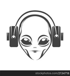 Tattoo of Alien Head with Headphones isolated on white. Vector illustration.. Alien Head with Headphones Tattoo isolated on white