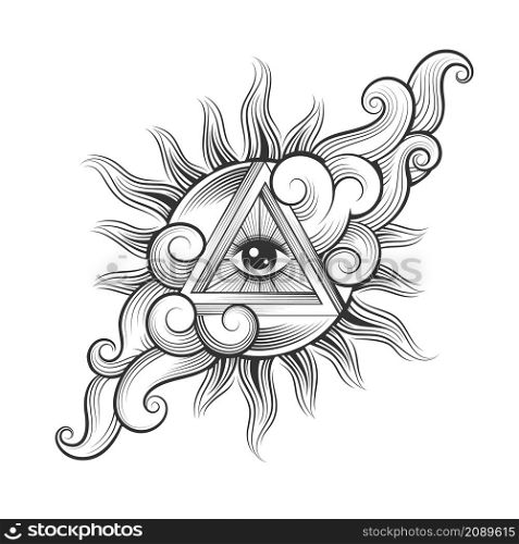 Tattoo of All seeing Eye Occultic Symbol Inside the Sun in a Skies isolated on white. Vector illustration.