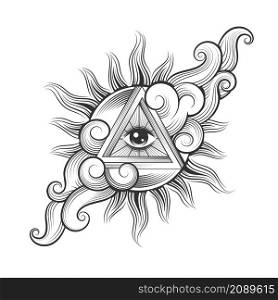 Tattoo of All seeing Eye Occultic Symbol Inside the Sun in a Skies isolated on white. Vector illustration.