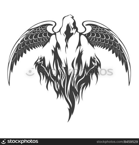 Tattoo of Angel of Death with Bird Wings isolated on white vector illustration.