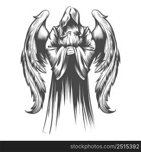 Tattoo of Angel with Wings drawn in Engraving style isolated on white background. Vector Illustration.
