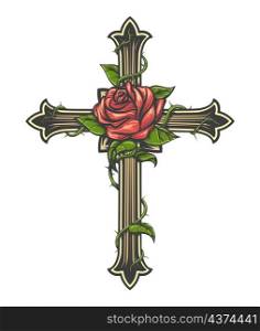 Tattoo of Cross with Rose flower drawn in engraving style. Vector illustration. Rose on the Cross Engraving Tattoo in engraving style