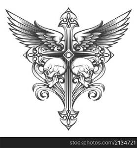 Tattoo of Cross with Wings and Skulls drawn in engraving style. Vector illustration.. Skulls and Cross with Wings Tattoo in engraving style