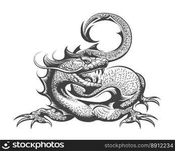 Tattoo of Dragon Drawn in Engraving Style isolated on white background. Vector illustration
