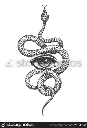 Tattoo of Eye and Snake. Hand Drawn Symbol of Wisdom. vector illustration.