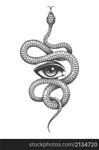 Tattoo of Eye and Snake. Hand Drawn Symbol of Wisdom. vector illustration.