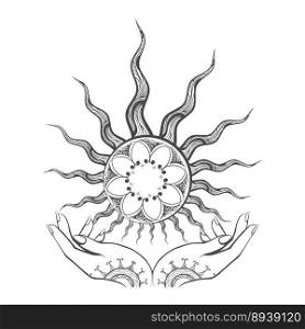 Tattoo of Female Hands holds Sun Mystic Tattoo Isolated on White. vector Illustration.