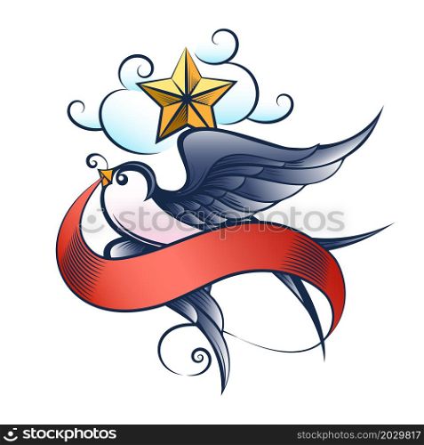 Tattoo of Flying Swallow with Star and Ribbon isolated on white.Vector illustration