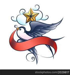 Tattoo of Flying Swallow with Star and Ribbon isolated on white.Vector illustration