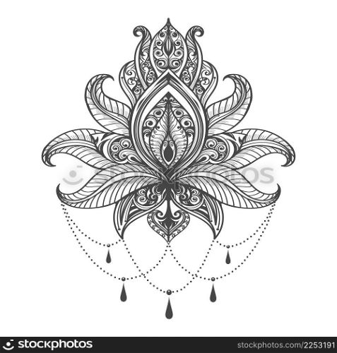 Tattoo of Hand Drawn Mehndi Lotus Flower Pattern isolated on white background. 