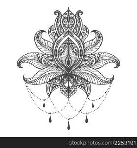 Tattoo of Hand Drawn Mehndi Lotus Flower Pattern isolated on white background. 