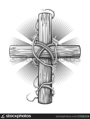 Tattoo of Hand Drawn Wooden Cross in Thorns isolated on white.Vector illustration.
