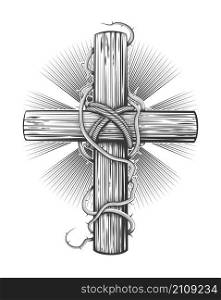 Tattoo of Hand Drawn Wooden Cross in Thorns isolated on white.Vector illustration.