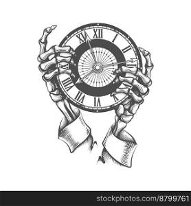 Tattoo of Hands of Death Holding Clock Tattoo in Engraving Style. Vector illustration isolated on white background