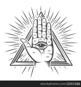 Tattoo of Human Palm with All seeing Eye of Providence inside Triangle. Vector Illustration.