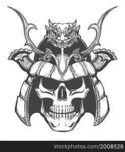 Tattoo of human skull in Japan Samurai Helmet isolated on white. Vector illustration.